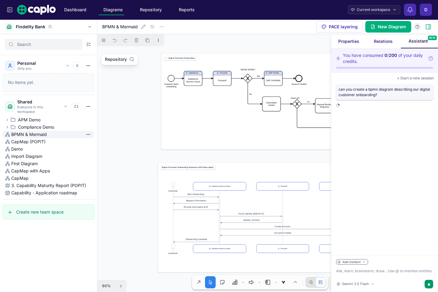 AI assistant with a submitted BPMN diagram request beside the BPMN and Mermaid diagram