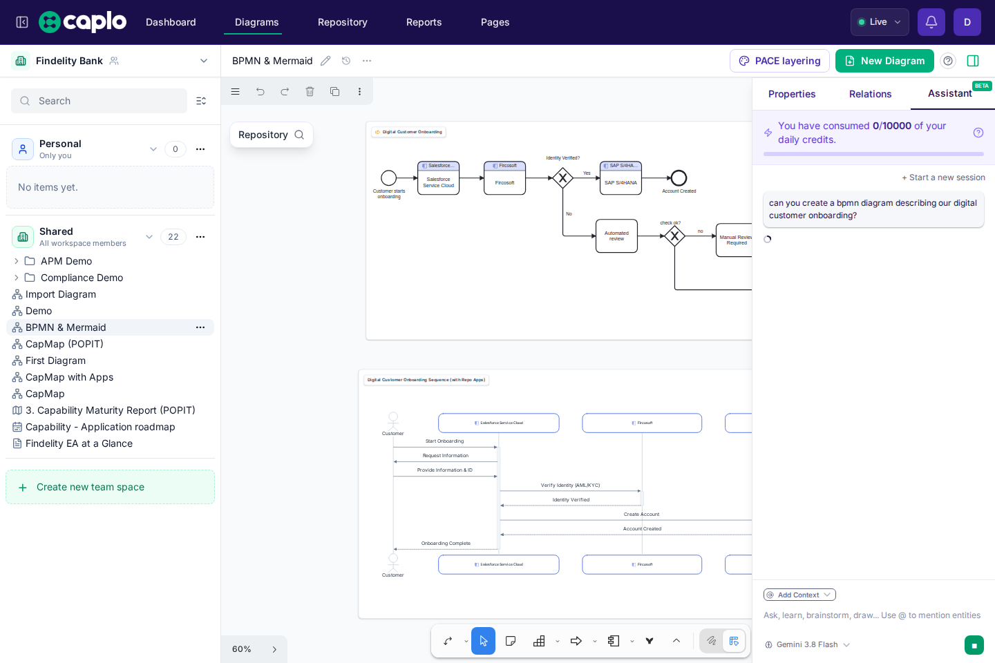 AI assistant with a submitted BPMN diagram request beside the BPMN and Mermaid diagram