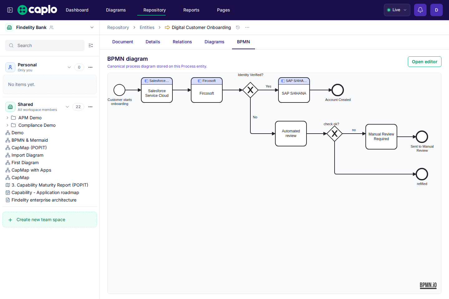 Process entity BPMN tab with Open editor