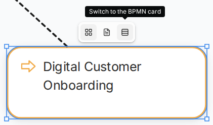 Process shape selected, with Switch to the BPMN card in the contextual toolbar