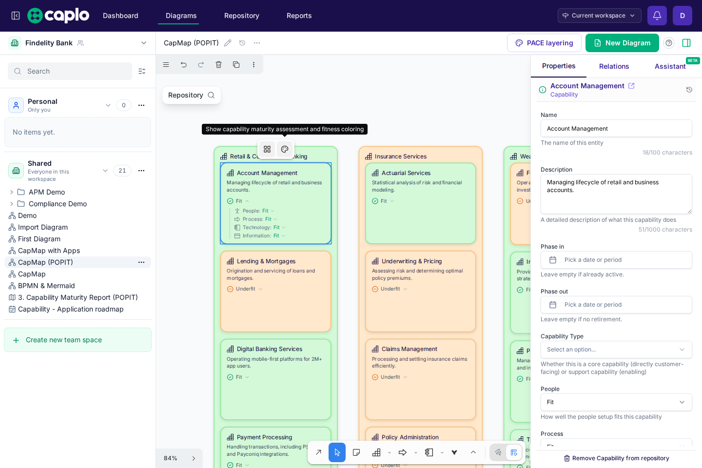 Capability diagram with Account Management expanded for POPIT assessment, contextual maturity toolbar hovered, and properties panel open