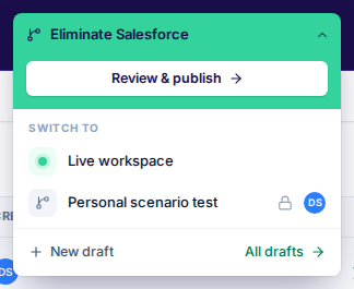 Header draft chip and workspace drafts switcher