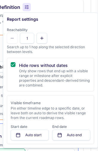 Custom roadmap definition panel showing layer timing, viewport dates, and report options