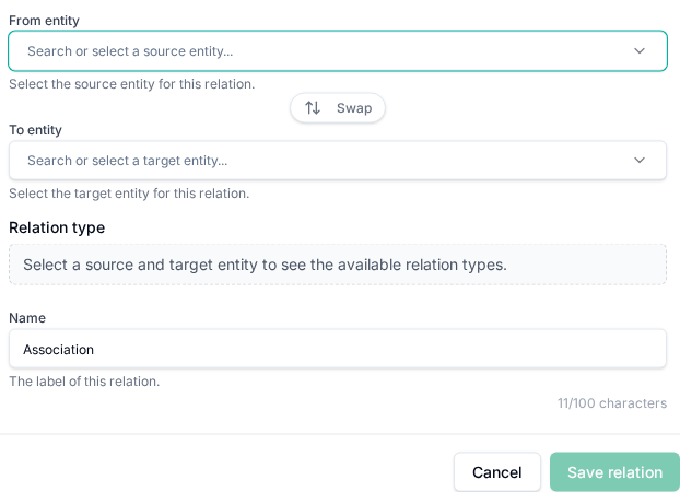 Repository relation dialog with source, target, and relation type properties