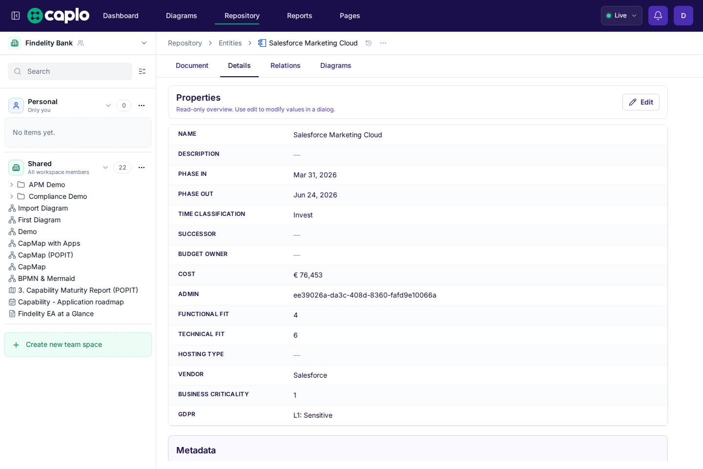 Entity detail page showing the Details tab for a repository entity