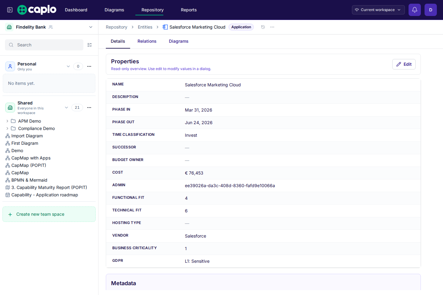 Entity detail page showing the Details tab for a repository entity