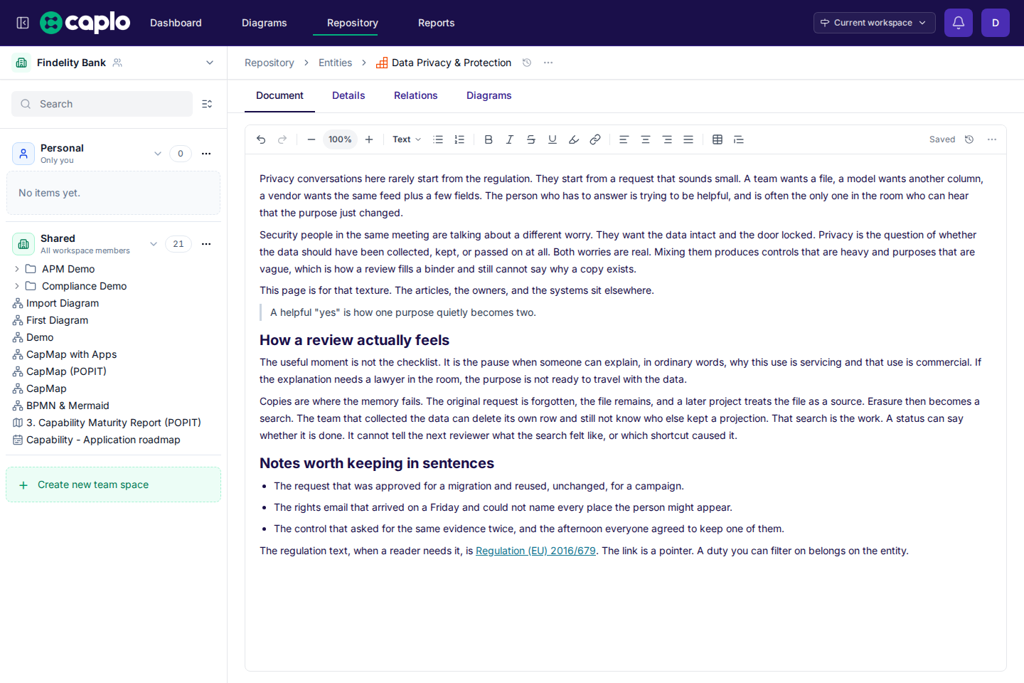 Data Privacy & Protection document, with a heading, a list, and the formatting toolbar