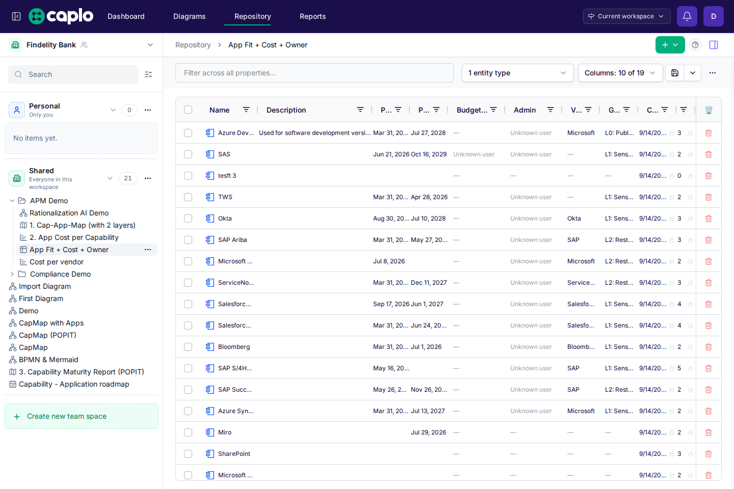 Repository view with a saved marketing application filter