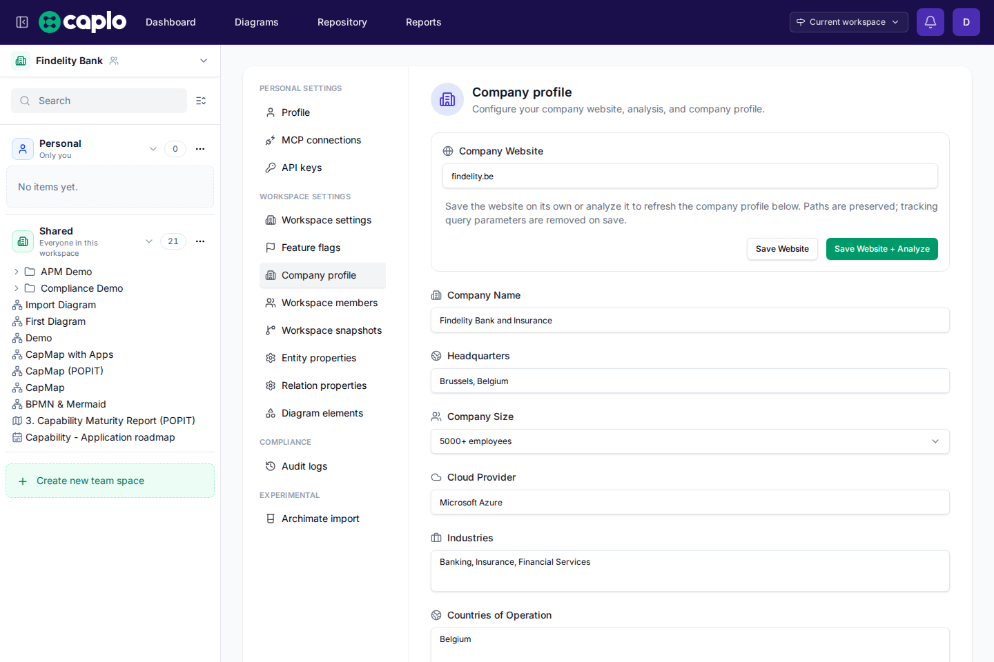 Company profile settings page in Caplo