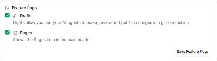 Feature flags settings with Drafts and Pages