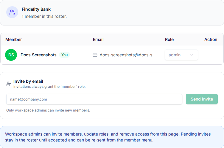 Workspace members settings showing the roster, roles, and invite-by-email form