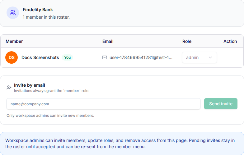 Workspace members settings showing the roster, roles, and invite-by-email form