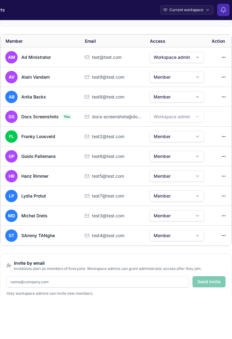 Workspace members settings showing the roster, admin vs member, and invite-by-email form