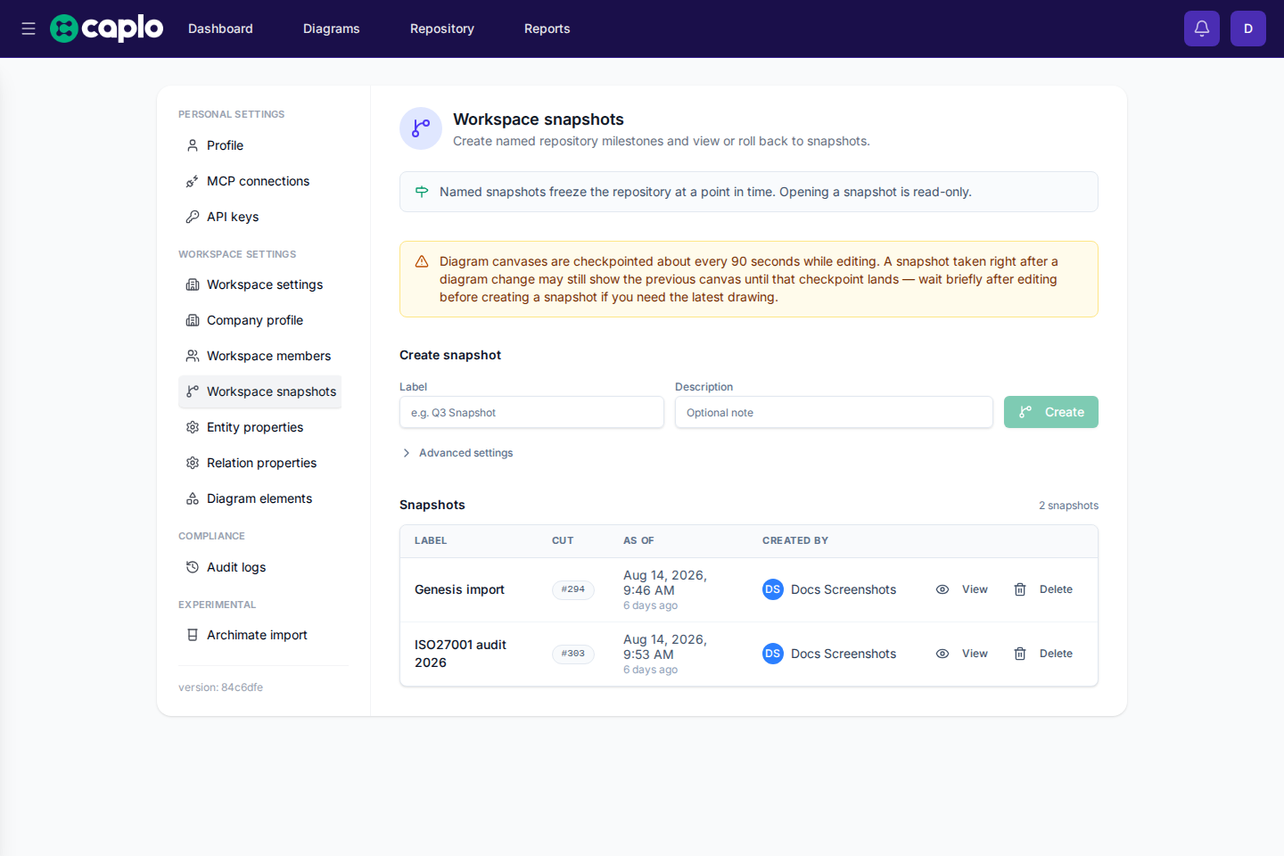 Workspace snapshots settings with the create form and a named snapshot