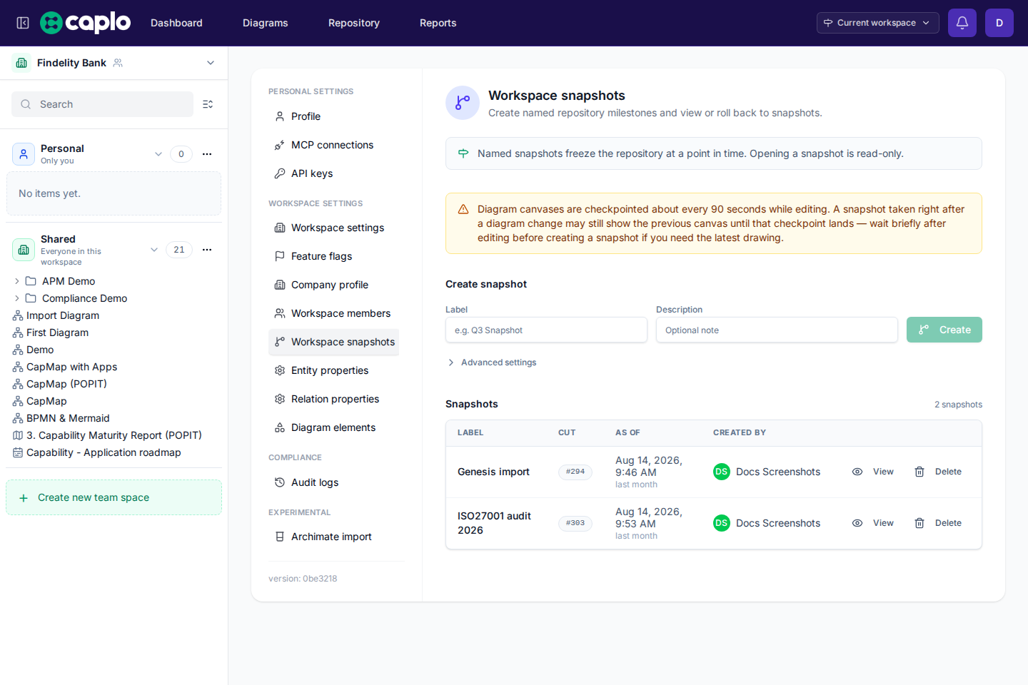 Workspace snapshots settings with the create form and a named snapshot