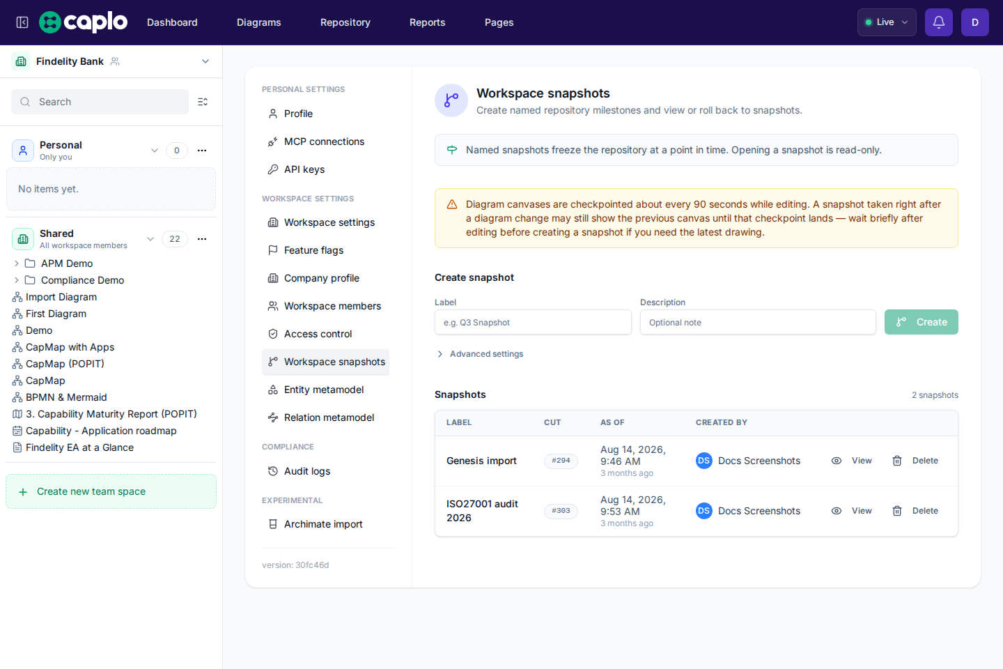 Workspace snapshots settings with the create form and a named snapshot